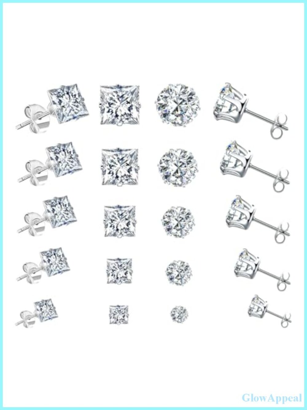 10 Pairs CZ Stud Earrings Hypoallergenic Stainless Steel Set Squares Rounds
